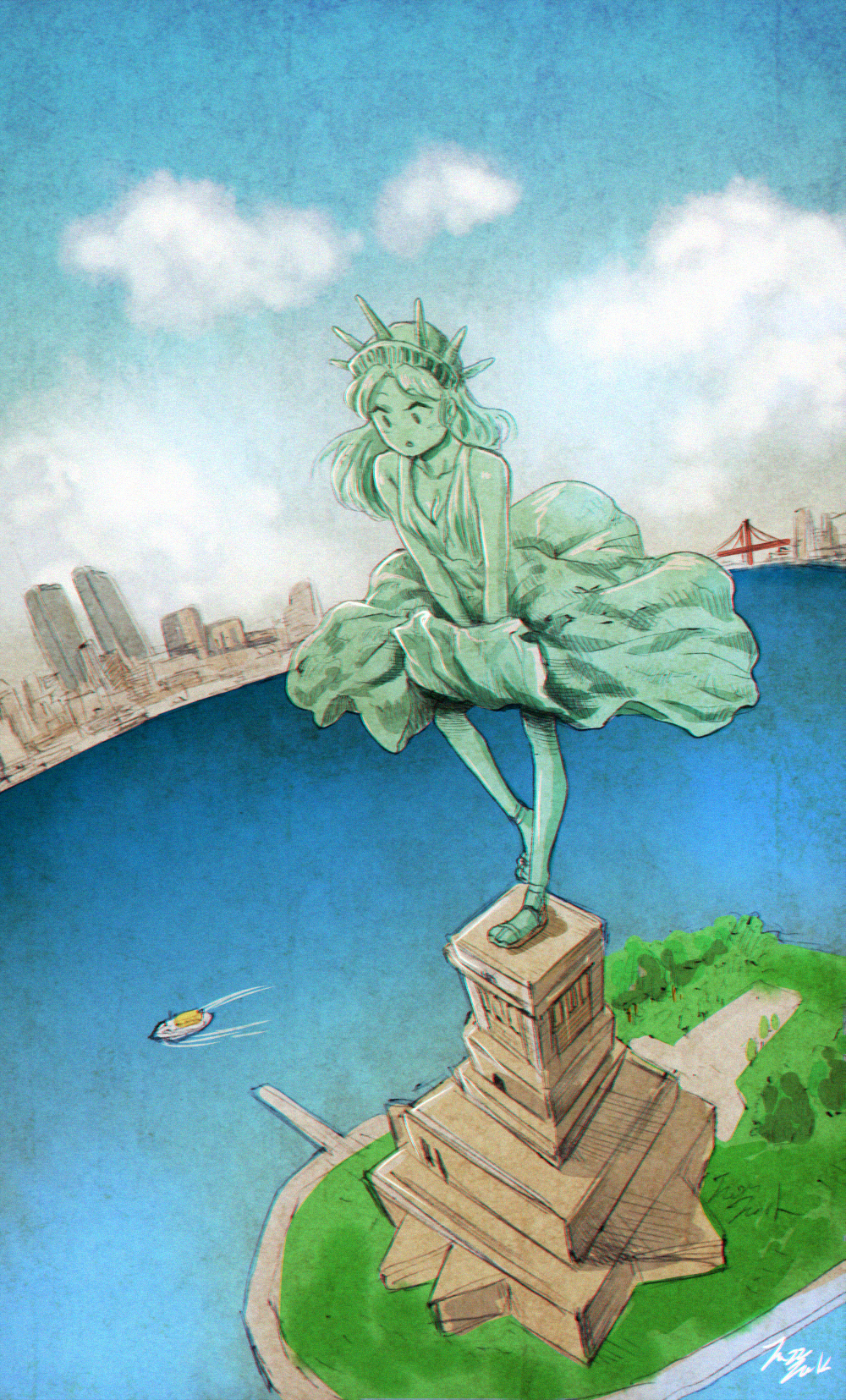 1girl :o bare_shoulders boat city clouds dress dress_lift fisheye green_dress green_hair green_skin hairband highres island jazzjack long_hair personification sketch sky solo spiked_hairband standing statue_of_liberty sundress twin_towers water watercraft wind wind_lift