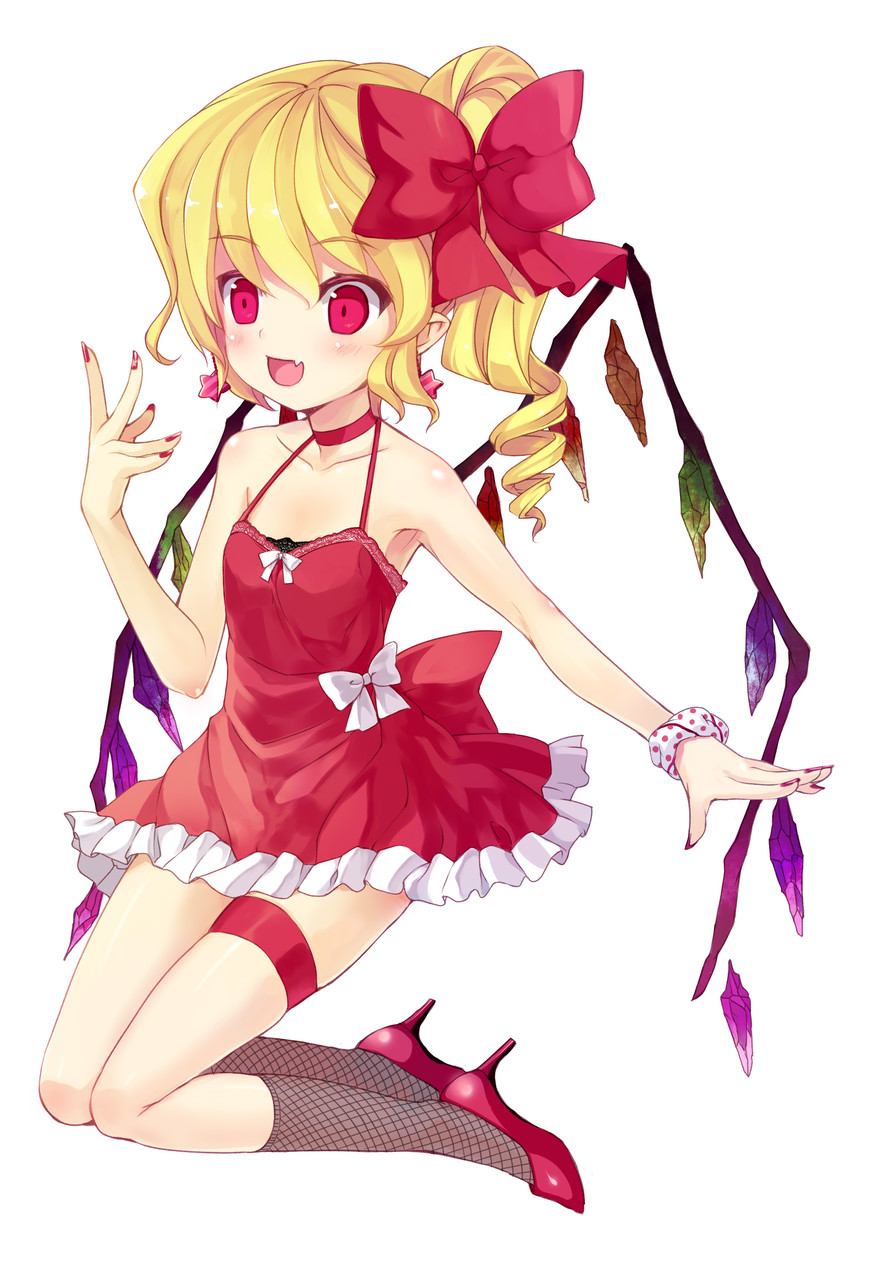 1girl adapted_costume bare_arms bare_shoulders blonde_hair body_blush bow choker collarbone dress drill_hair fang fishnet_legwear fishnets flandre_scarlet full_body hair_bow halterneck high_heels highres minamura_haruki nail_polish open_mouth polka_dot red_bow red_dress red_eyes red_nails scrunchie short_dress side_ponytail simple_background smile solo thigh_strap touhou white_background wings wrist_scrunchie