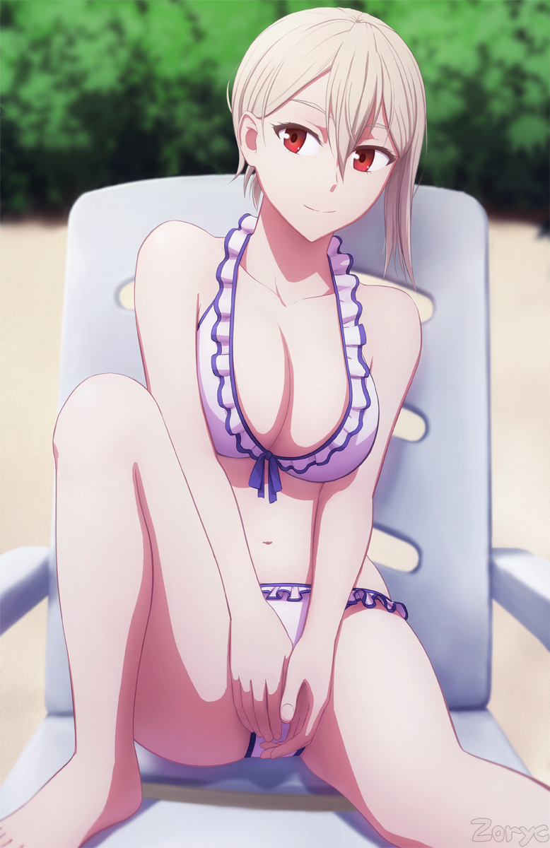 1girl artist_name barefoot bikini breasts chair cleavage collarbone feet frilled_shirt_collar frills full_body half-closed_eyes highres large_breasts nakiri_alice navel outdoors red_eyes shokugeki_no_souma short_hair sitting smile solo swimsuit white_bikini white_hair zoryc