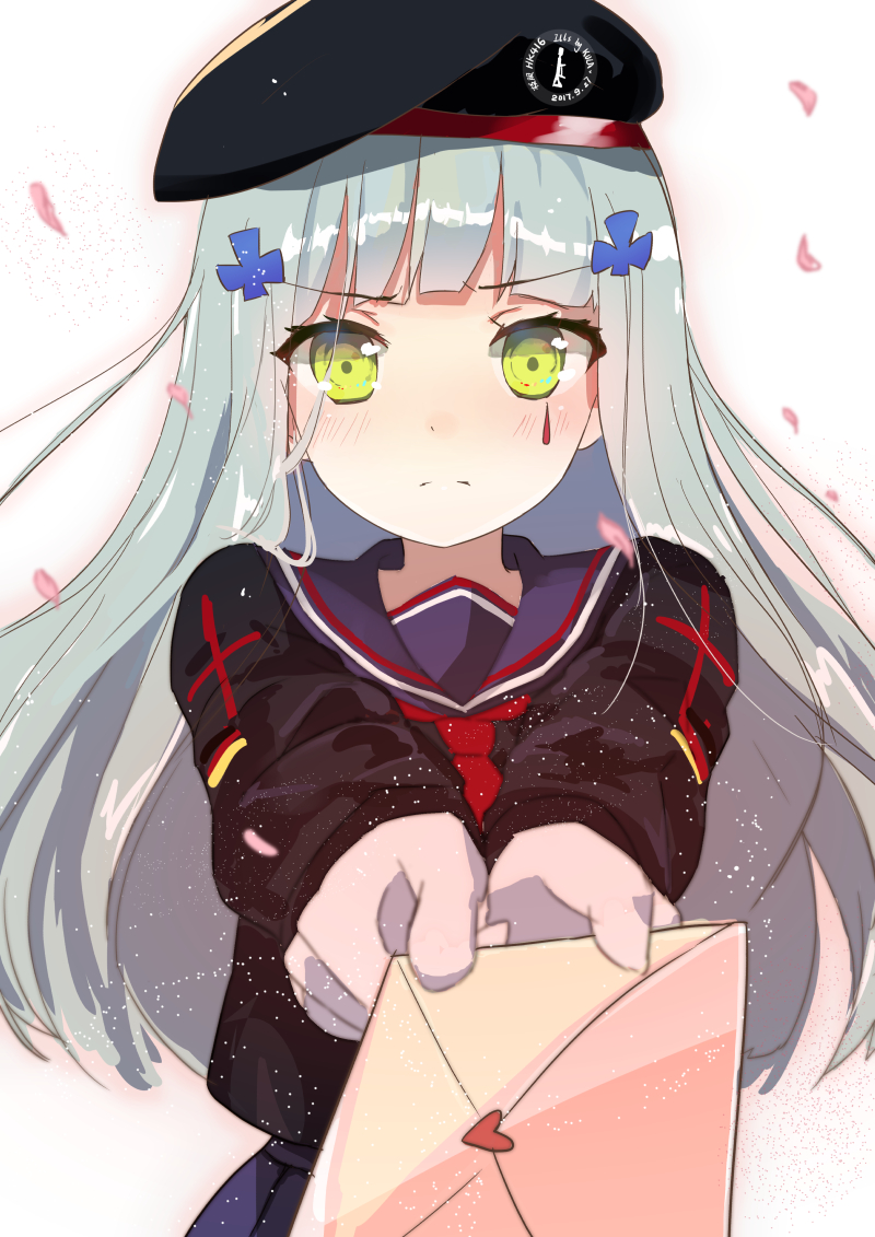 &gt;:( 1girl bangs beret black_hat blunt_bangs blush closed_mouth clothes_writing commentary_request eyebrows_visible_through_hair facepaint flag_print german_flag girls_frontline gloves green_eyes green_hair hair_ornament hat hk416_(girls_frontline) kkkula_(kula) letter light_particles long_hair long_sleeves looking_at_viewer love_letter military military_uniform neckerchief outstretched_arms petals red_neckerchief sailor_collar shiny shiny_hair solo underwear uniform upper_body white_gloves