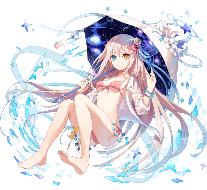 1girl ahoge barefoot bent_elbow bent_knees blouse bra bracelet closed_mouth fre front-tie_top hair_ornament heterochromia holding holding_umbrella jewelry kai-ri-sei_million_arthur long_hair looking_at_viewer official_art open_clothes original panties pink_bra pink_panties reclining see-through side-tie_panties sitting thigh_strap umbrella underwear white_blouse white_hair