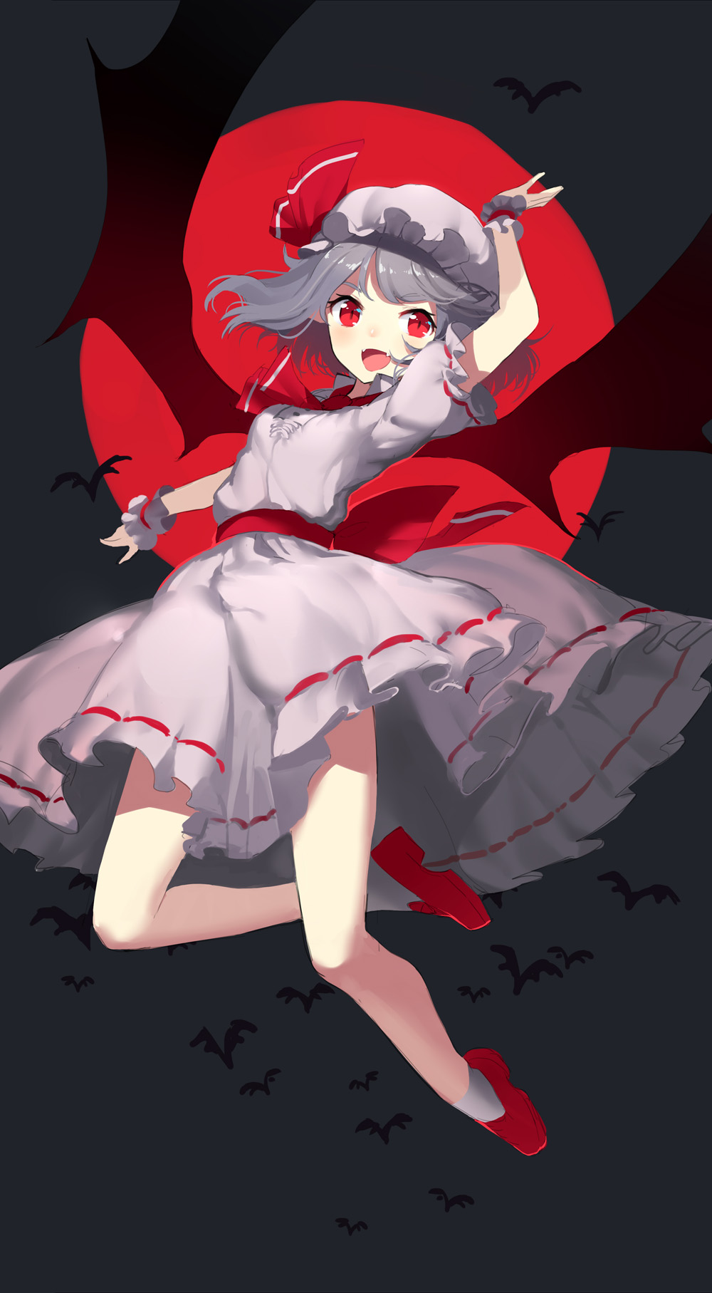 1girl arm_up ascot bare_legs bat bat_wings fangs full_body full_moon grey_background hat hat_ribbon highres looking_at_viewer mob_cap moon open_mouth red_eyes red_moon red_ribbon red_shoes remilia_scarlet ribbon ribbon-trimmed_skirt ribbon_trim sash sh_(562835932) shirt shoes silver_hair skirt skirt_set slit_pupils smile socks solo touhou white_legwear wings wrist_cuffs