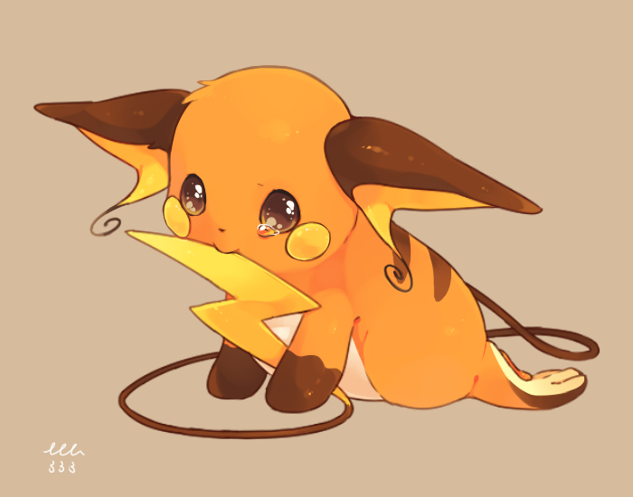 arm_support beige_background biting full_body grey_eyes hideko_(l33l3b) looking_at_viewer lying no_humans on_stomach pokemon pokemon_(creature) raichu signature simple_background tail tail_biting tears