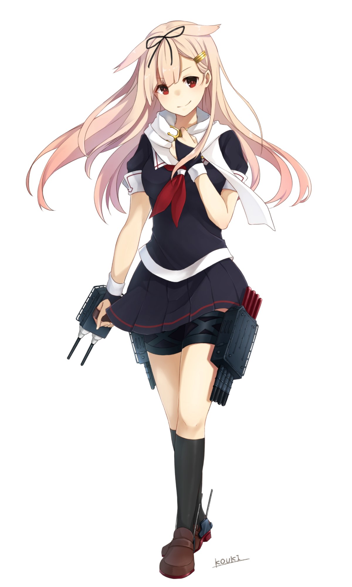 10s 1girl artist_name bangs black_legwear black_serafuku blonde_hair breasts cannon eyebrows_visible_through_hair fingerless_gloves full_body gloves hair_flaps hair_ornament hair_ribbon hairclip hand_on_own_chest highres holding holding_weapon kantai_collection kneehighs kouki_(kouki_0033) loafers long_hair looking_at_viewer machinery medium_breasts neckerchief pleated_skirt red_eyes remodel_(kantai_collection) ribbon scarf school_uniform serafuku shoes short_sleeves simple_background skirt smile solo standing turret weapon white_background white_scarf yuudachi_(kantai_collection)