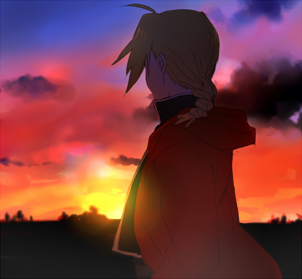 1boy back_turned blonde_hair blue braid clouds cloudy_sky coat edward_elric floating_hair food fruit fullmetal_alchemist looking_away male_focus orange red red_coat riru sky solo_focus sun sunset tree twilight yellow