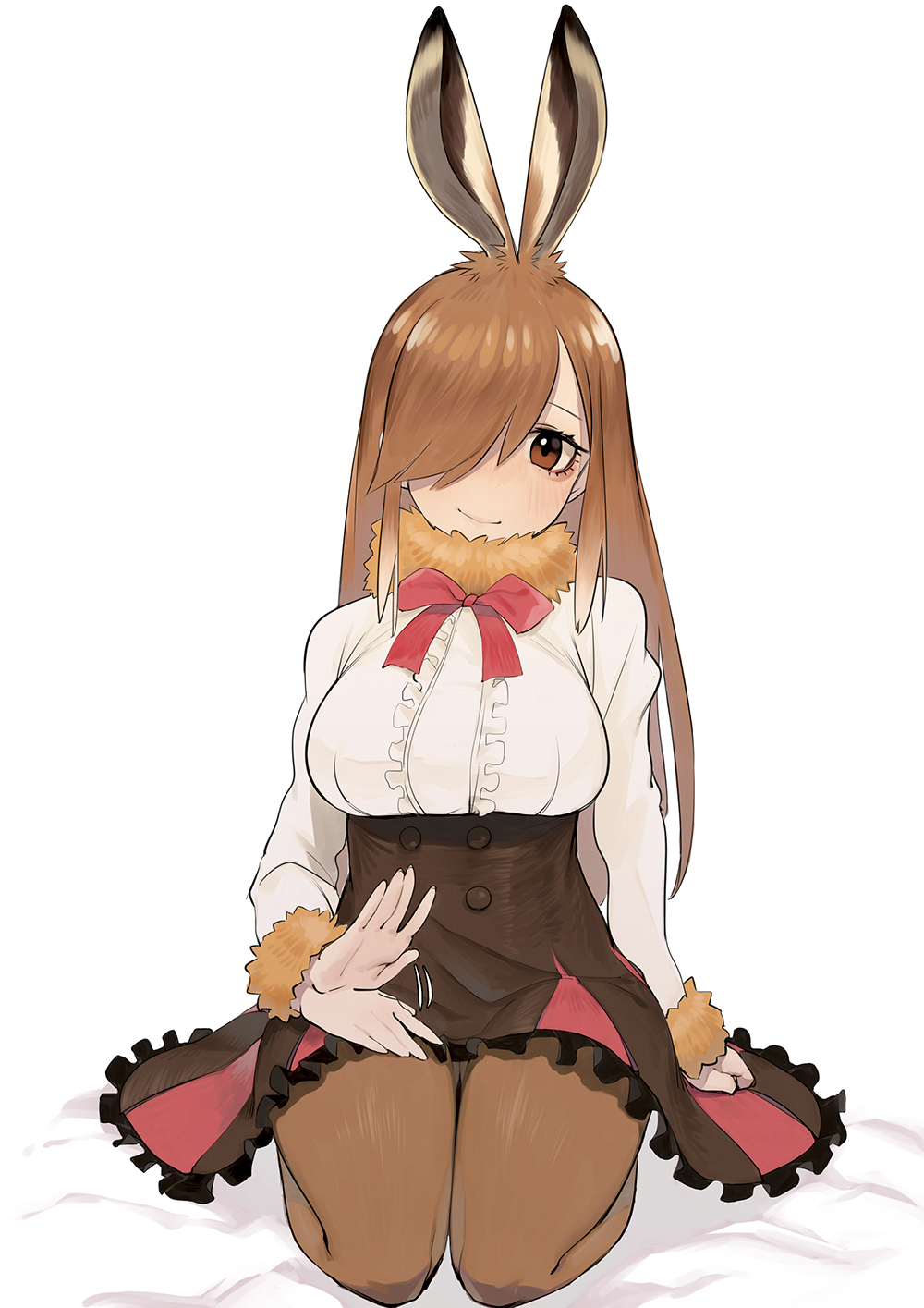 1girl afterimage animal_ears bow bowtie brown_eyes brown_hair brown_legwear brown_skirt european_hare_(kemono_friends) extra_ears frilled_shirt frilled_skirt frills fur-trimmed_sleeves fur_collar fur_trim hair_over_one_eye hand_on_own_thigh highres juz kemono_friends long_hair long_sleeves looking_at_viewer pantyhose rabbit_ears red_bow red_bowtie seiza shirt simple_background sitting skirt smile solo white_background white_shirt