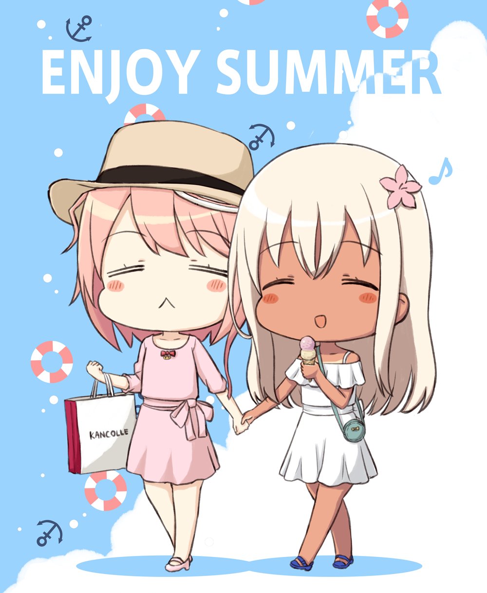 2girls :&lt; =_= ahoge anchor bag blonde_hair blue_eyes blush_stickers casual closed_eyes dress eighth_note engiyoshi flower food full_body hair_flower hair_ornament hat highres i-58_(kantai_collection) ice_cream ice_cream_cone kantai_collection lifebuoy multicolored multicolored_background multiple_girls musical_note one-piece_tan pink_dress pink_hair ro-500_(kantai_collection) shopping_bag short_hair tan tanline white_dress