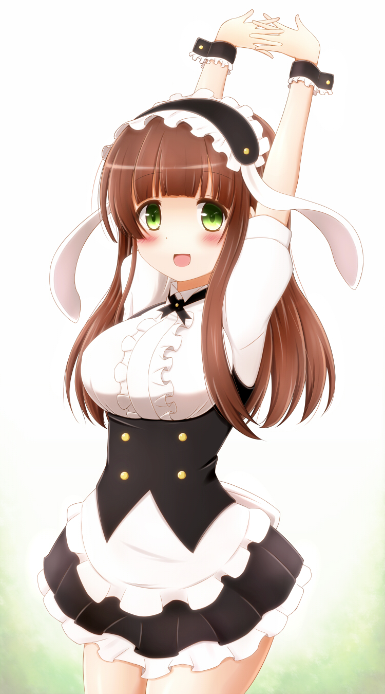 1girl :d animal_ears apron arms_up bangs black_skirt blunt_bangs blush bolo_tie breasts brown_hair collared_shirt commentary_request cowboy_shot eyebrows_visible_through_hair fake_animal_ears floppy_ears frilled_apron frilled_cuffs frilled_shirt frilled_skirt frills gochuumon_wa_usagi_desu_ka? gradient gradient_background green_eyes highres large_breasts long_hair looking_at_viewer maid_headdress miniskirt open_mouth rabbit_ears shirt skirt smile solo standing taka_(takalight) two-tone_background ujimatsu_chiya underbust waist_apron white_shirt wing_collar wrist_cuffs