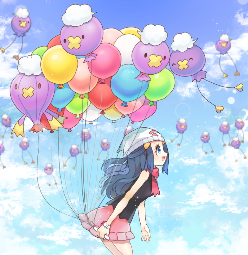 balloon beanie blue_eyes blue_hair blue_sky clouds drifblim drifloon hair_ornament hat hikari_(pokemon) kazuru_wa long_hair open_mouth pokemon pokemon_(game) pokemon_dppt scarf skirt sky