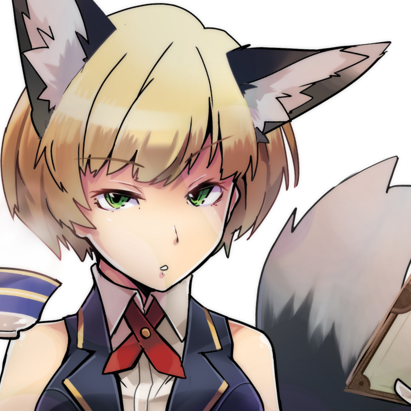 1girl animal_ears bangs bare_arms bare_shoulders blonde_hair bob_cut bolo_tie book chestnut_mouth close-up collared_dress commentary_request cup dress eyebrows_visible_through_hair fox_ears fox_girl fox_tail fran_francois_francesca_de_bourgogne gloves god_eater god_eater_2:_rage_burst green_eyes half-closed_eyes hands_up high_collar holding holding_book holding_cup layered_clothing looking_at_viewer open_book portrait raised_eyebrow short_hair simple_background sleeveless sleeveless_dress solo steam tail teacup transpot_nonoko vest white_background white_dress white_gloves wing_collar