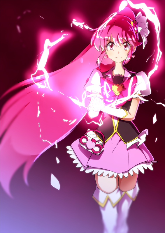 1girl angry boots bow cure_lovely hair_ornament hand_on_arm happinesscharge_precure! heart_hair_ornament long_hair looking_at_viewer magical_girl pink_bow pink_eyes pink_hair pink_skirt ponytail precure puffy_short_sleeves puffy_sleeves short_sleeves skirt solo thigh-highs thigh_boots white_boots wide_ponytail yuto_(dialique) zettai_ryouiki