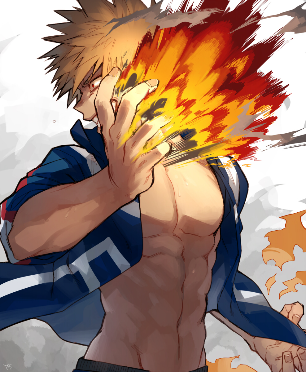 1boy abs bakugou_katsuki blonde_hair boku_no_hero_academia explosion highres jacket open_clothes pants red_eyes sharp_teeth simple_background smile smoke spiky_hair sweat teeth toned track_jacket white_background yukibi_(ykb)