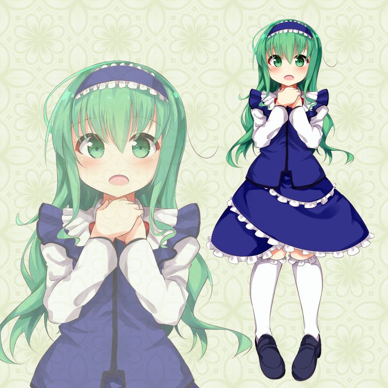 1girl bangs black_footwear blue_skirt blush commentary_request eyebrows_visible_through_hair green_eyes green_hair hair_between_eyes hairband kneehighs layla_prismriver loafers long_hair long_sleeves looking_at_viewer open_mouth own_hands_together sasahara_wakaba shoes skirt skirt_set standing touhou white_legwear zoom_layer