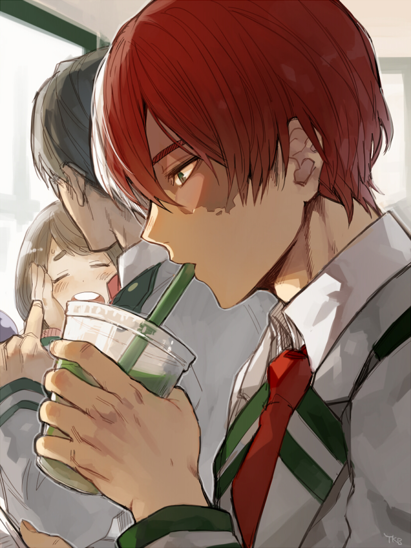 1girl 2boys blue_hair blush boku_no_hero_academia brown_hair closed_eyes drink drinking drinking_cup drinking_straw from_side glasses green_eyes half-closed_eyes multicolored_hair multiple_boys necktie open_mouth red_necktie redhead round_teeth school_uniform sideburns teeth todoroki_shouto two_side_up uraraka_ochako white_hair yukibi_(ykb)