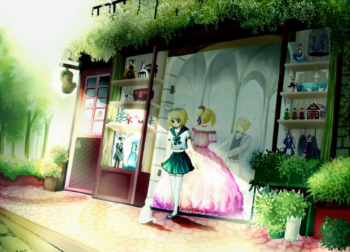 1boy 1girl blonde_hair bow bush cat doll doll_house dress green_skirt hair_bow hair_bun hair_over_eyes hare_(qing) kagamine_len kagamine_rin outdoors pink_dress school_uniform serafuku shop sign skirt thigh-highs vocaloid white_bow white_cat white_legwear