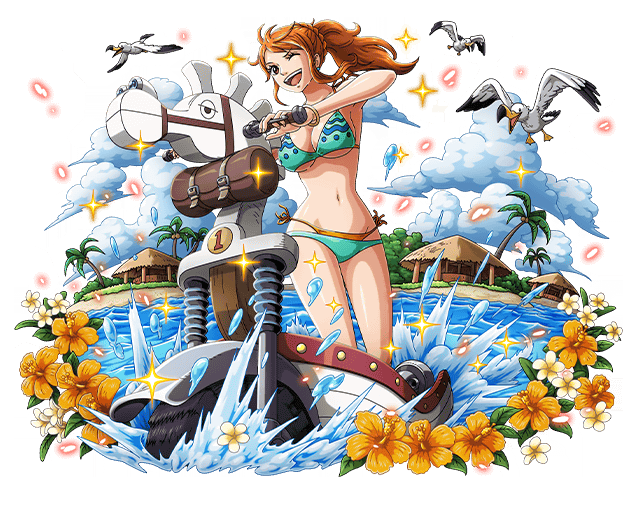 1girl ;d bikini bird bodskih bracelet breasts brown_eyes brown_hair cleavage floating_hair flower green_bikini hibiscus jewelry large_breasts long_hair nami_(one_piece) navel one_eye_closed one_piece open_mouth orange_flower outdoors ponytail shiny shiny_skin sideboob smile solo standing swimsuit transparent_background under_boob water white_flower