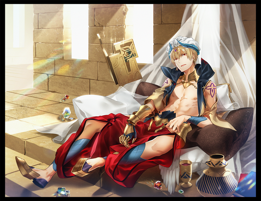 &gt;:o 1boy :o alcohol asymmetrical_gloves black_border blonde_hair blue_jacket book book_stack boots border commentary_request crystal cup curtains detached_pants detached_sleeves diadem fate/grand_order fate_(series) gauntlets gem gilgamesh gilgamesh_(caster)_(fate) gloves high_collar horns jacket kyou_zip leaning_back looking_at_viewer magic open_book open_clothes open_jacket parted_lips red_eyes shoulder_tattoo sitting sleeveless_jacket solo stairs stone_floor sunlight tattoo turban wine wristband