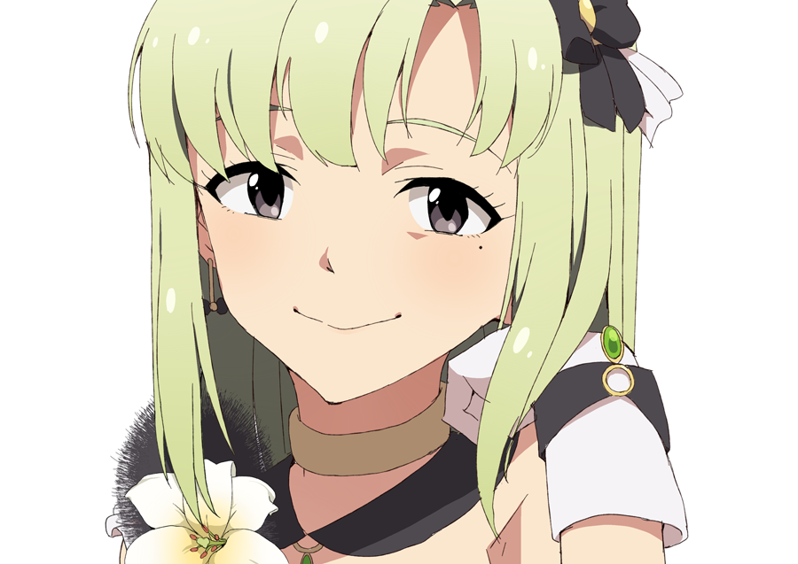 1girl blush commentary_request earrings flower gloves green_hair hair_ornament idolmaster jewelry lily_(flower) looking_at_viewer mole mole_under_eye nanakura_nanane portrait shiika_(idolmaster) short_hair simple_background smile solo white_background white_gloves