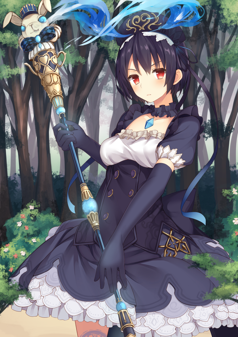 &gt;:( 1girl alice_(sinoalice) bangs black_dress black_gloves black_hair black_hat black_ribbon blue_fire blush breasts closed_mouth collarbone commentary_request cowboy_shot double-breasted dress elbow_gloves fire fog forest frilled_dress frills gem gloves hair_ribbon hat heart holding holding_staff jewelry medium_breasts nature neck_garter outdoors pendant puffy_short_sleeves puffy_sleeves red_eyes ribbon serious short_hair short_sleeves sinoalice solo staff standing usagino_suzu