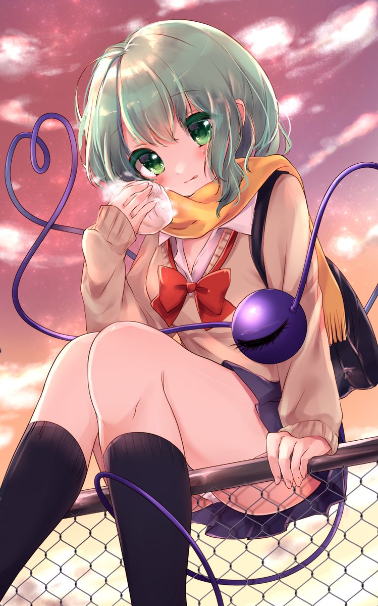 1girl bangs baozi black_legwear blush bow bowtie chain-link_fence clouds colored_eyelashes commentary_request eyebrows_visible_through_hair eyelashes fence food foreshortening green_eyes green_hair heart heart_of_string holding holding_food kneehighs komeiji_koishi long_sleeves looking_at_viewer on_fence orange_scarf outdoors panties pink_sky pleated_skirt purple_skirt red_bow red_bowtie scarf shanghai_bisu shiny shiny_hair short_hair sitting skirt sleeves_past_wrists solo steam sweater tareme third_eye touhou twilight underwear upskirt white_panties