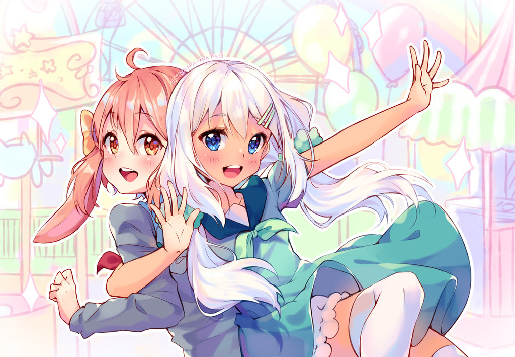 2girls :d ahoge amusement_park artist_name back-to-back balloon black_shirt bloomers blue_eyes blush bow dark_skin dress eyebrows_visible_through_hair ferris_wheel from_side green_dress hair_between_eyes hair_bow hair_ornament hair_scrunchie hairclip hyanna-natsu leg_up locked_arms long_hair long_sleeves looking_at_viewer looking_to_the_side low_twintails multiple_girls open_mouth orange_eyes orange_hair original outdoors outstretched_arm palms round_teeth scrunchie shirt short_sleeves silver_hair smile sparkle tareme teeth thigh-highs twintails underwear upskirt white_legwear yellow_bow