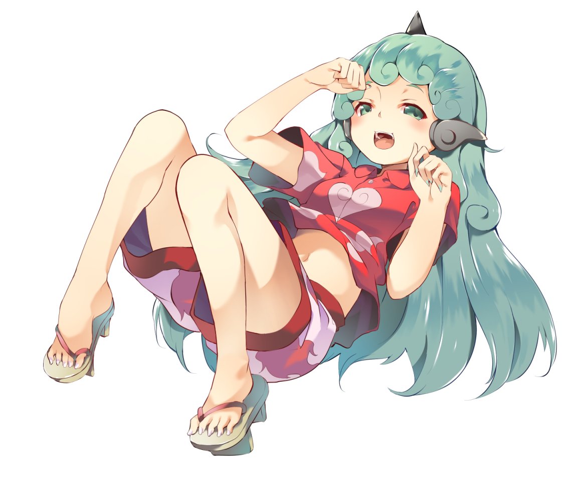 1girl animal_ears bangs bare_arms bare_legs buttons cloud_print collared_shirt curly_hair feet full_body green_eyes green_hair green_nails hasebe_yuusaku horn kariyushi_shirt komano_aun long_hair looking_at_viewer lying midriff nail_polish navel open_mouth red_shirt sandals shirt short_sleeves shorts simple_background smile solo toenails toes touhou white_background white_shorts