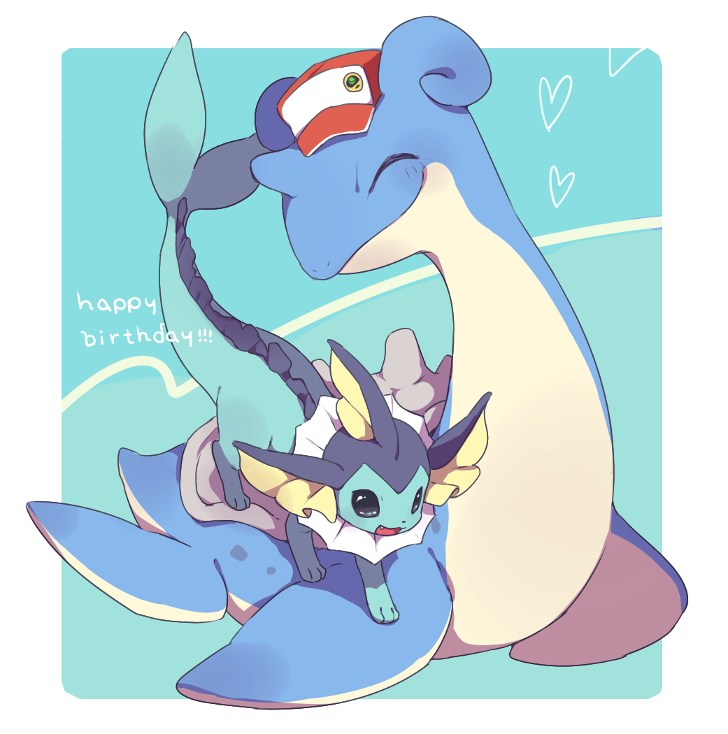 :3 :d baseball_cap blue_background blush closed_eyes closed_mouth clothed_pokemon english fang happy_birthday hat heart hideko_(l33l3b) lapras no_humans open_mouth pokemon pokemon_(creature) smile vaporeon