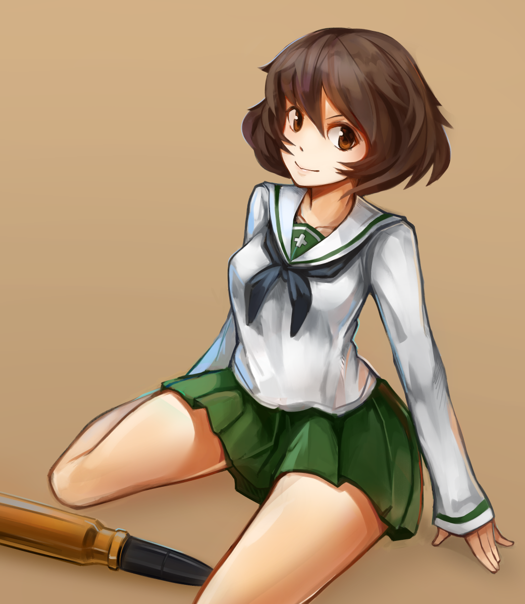 1girl akiyama_yukari arceonn brown_eyes brown_hair girls_und_panzer green_skirt kneeling looking_at_viewer school_uniform serafuku skirt smirk solo tank_shell