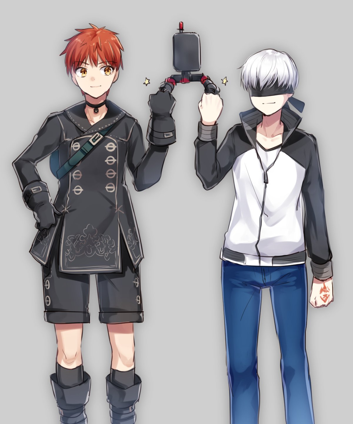 2boys backpack bag bangs black_footwear black_gloves black_jacket black_legwear black_neckwear black_shorts blindfold blue_pants boots choker clenched_hands closed_mouth collared_jacket command_spell commentary_request cosplay costume_switch covered_eyes denim emiya_shirou emiya_shirou_(cosplay) eyebrows_visible_through_hair fate/stay_night fate_(series) fist_bump gloves hand_on_hip high_collar highres ichiren_namiro jacket jeans long_sleeves looking_at_another male_focus multiple_boys nier_(series) nier_automata pants pod_(nier_automata) redhead shirt shorts smile socks standing white_hair white_shirt yellow_eyes yorha_no._9_type_s yorha_no._9_type_s_(cosplay) zipper