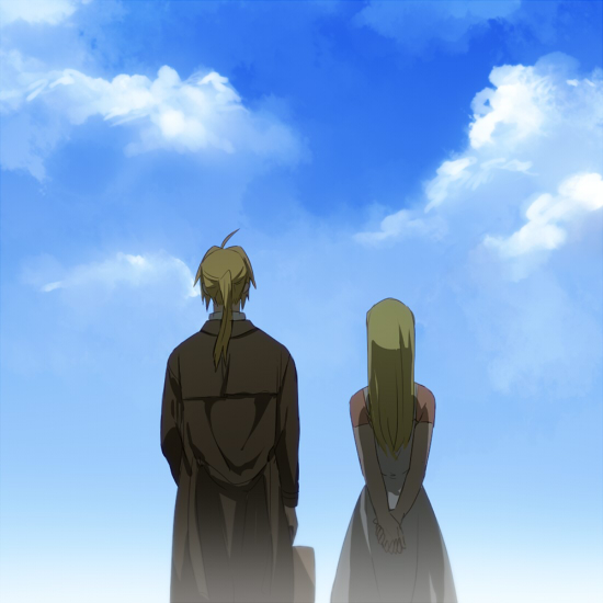 1boy 1girl arms_behind_back back_turned blonde_hair clouds cloudy_sky coat dress edward_elric fullmetal_alchemist long_hair ponytail riru shadow sky suitcase winry_rockbell