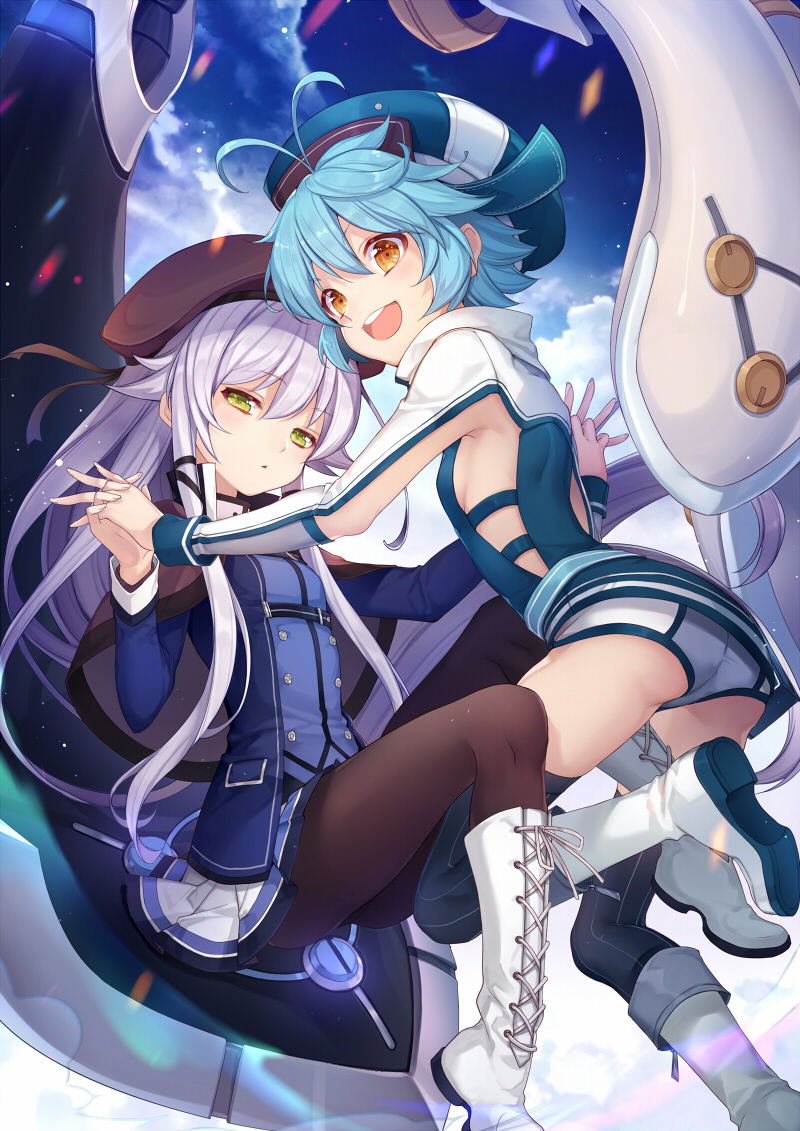 2girls :d achan_(blue_semi) altina_orion antenna_hair black_hat black_legwear blue_hair blue_hat blue_shirt boots capelet cross-laced_footwear eiyuu_densetsu expressionless green_eyes hand_holding hat knee_boots lace-up_boots long_hair looking_at_viewer millium_orion multiple_girls open_mouth orange_eyes pantyhose sen_no_kiseki sen_no_kiseki_3 shirt short_hair short_shorts shorts silver_hair skirt smile thigh-highs white_boots white_skirt