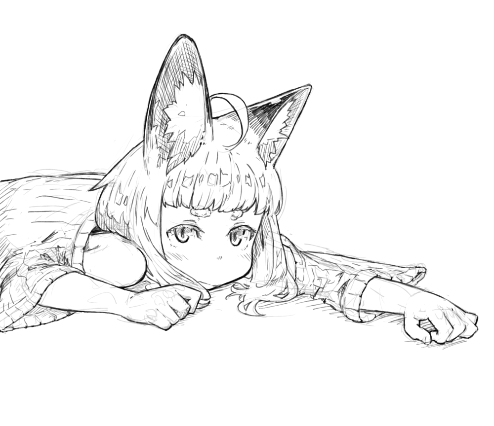 1girl ahoge animal_ears bangs blunt_bangs fox_ears fox_girl greyscale jaco looking_at_viewer lying monochrome off-shoulder_sweater on_stomach original outstretched_arm ribbed_sweater short_hair simple_background sketch solo sweater thick_eyebrows upper_body white_background