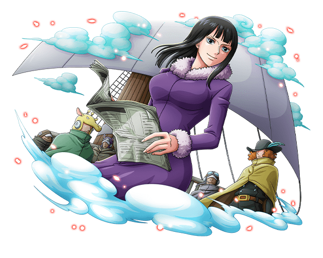 1girl 5boys black_hair black_hat blue_eyes blue_feathers bodskih brown_hair dress floating_hair from_below fur_trim glasses_on_head hat hat_feather hat_over_eyes holding long_hair multiple_boys nico_robin one_piece purple_dress smile solo_focus transparent_background