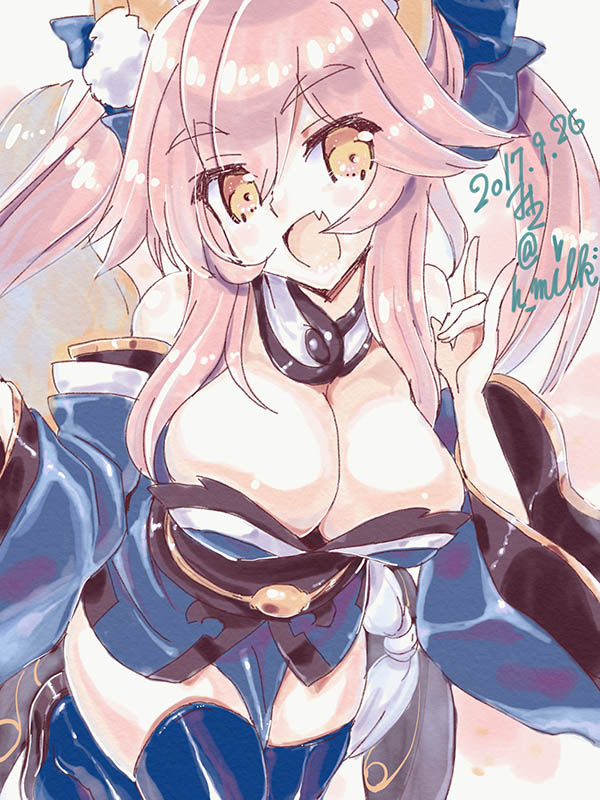 1girl :d animal_ears bare_shoulders breasts choker cleavage fang fate/extra fate/grand_order fate_(series) fox_ears fox_girl large_breasts long_hair looking_at_viewer miuku_(marine_sapphire) open_mouth pink_hair robe smile solo tamamo_(fate)_(all) tamamo_no_mae_(fate) thighs