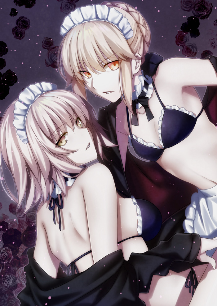 2girls apron artoria_pendragon_(all) artoria_pendragon_(swimsuit_rider_alter)_(fate) bangs bikini black_bikini blonde_hair braid breasts eyebrows_visible_through_hair fate/grand_order fate_(series) french_braid frilled_apron frills grey_hair hair_between_eyes hair_bun hair_flaps halter_top halterneck hood hoodie jeanne_alter looking_at_viewer looking_back maid_bikini maid_headdress matching_outfit medium_breasts multiple_girls navel nina_(pastime) open_clothes open_hoodie parted_lips ruler_(fate/apocrypha) saber_alter short_hair sidelocks sleeves_past_wrists small_breasts swimsuit tsurime waist_apron yellow_eyes