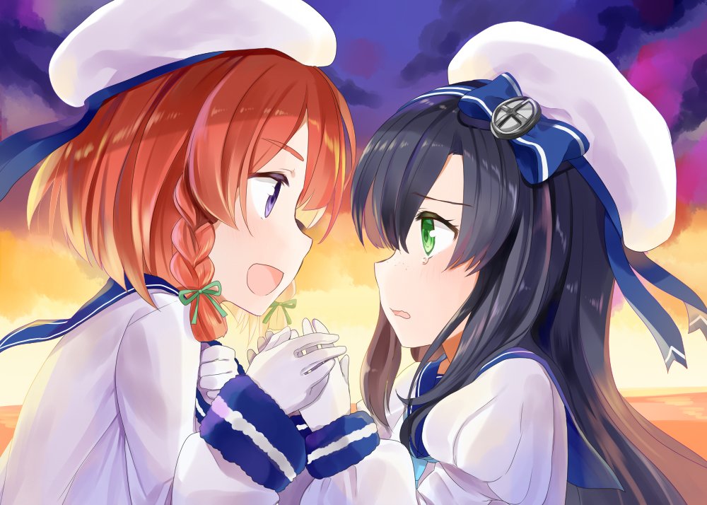 10s 2girls black_hair blush bob_cut braid commentary etorofu_(kantai_collection) gloves gradient_hair green_eyes hat holding_hand kantai_collection long_hair long_sleeves matsuwa_(kantai_collection) multicolored_hair multiple_girls open_mouth redhead sailor_collar sailor_hat school_uniform serafuku short_hair sidelocks sunset tearing_up thick_eyebrows twin_braids violet_eyes white_hat yuna_(yukiyuna)