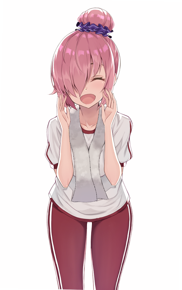 1girl :d ^_^ bangs closed_eyes facing_viewer fate/grand_order fate_(series) gym_shirt hair_bun hair_ornament hair_over_one_eye hair_scrunchie hands_up kanikou leaning_forward open_mouth pants scrunchie shielder_(fate/grand_order) shirt short_hair simple_background smile solo standing towel towel_around_neck track_pants track_suit white_background white_shirt