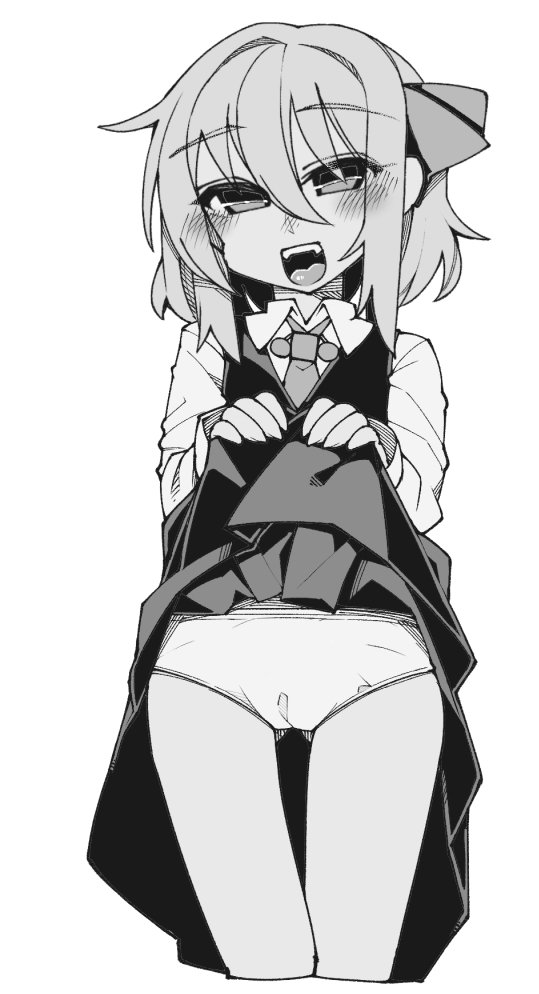 1girl bangs blush bow collared_shirt cowboy_shot cropped_legs eyebrows_visible_through_hair fangs gluteal_fold greyscale hair_between_eyes hair_bow lifted_by_self long_sleeves looking_at_viewer monochrome nose_blush open_mouth panties rumia shamo_(koumakantv) shirt simple_background skirt skirt_lift skirt_set solo touhou underwear white_background
