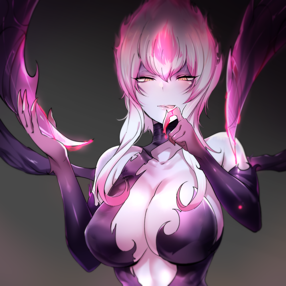 1girl :p bare_shoulders black_background blood blush breasts center_opening cleavage collarbone elbow_gloves evelynn fingernails gloves half-closed_eyes large_breasts league_of_legends licking_lips multicolored_hair pink_hair pink_lips pocari_sweat_(artist) sharp_fingernails sidelocks simple_background solo tongue tongue_out two-tone_hair white_hair white_skin yellow_eyes