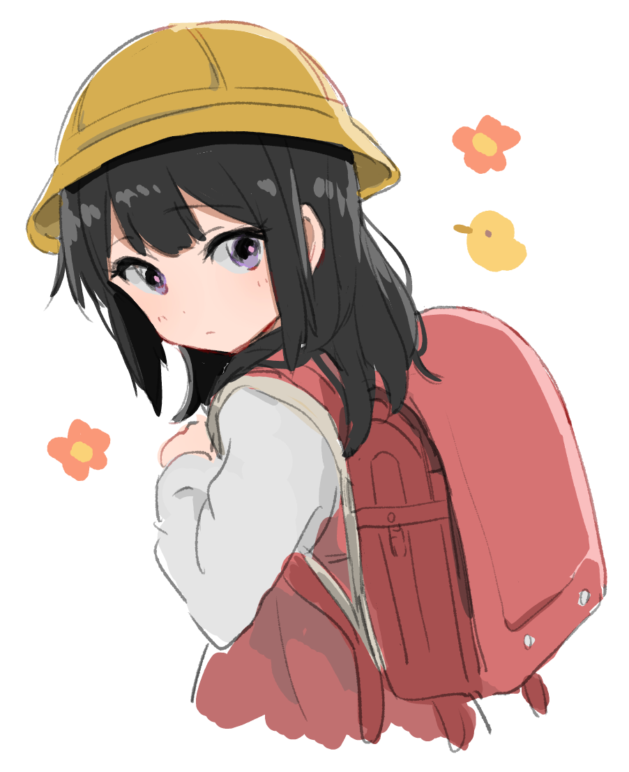 10s 1girl backpack bag black_hair child expressionless flower from_side hat hibike!_euphonium kousaka_reina looking_back monsieur randoseru school_hat solo violet_eyes white_background younger