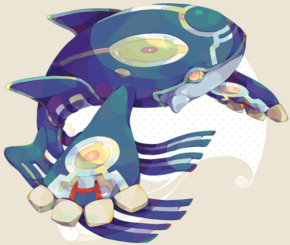 commentary_request floating from_side full_body grey_background hideko_(l33l3b) looking_at_viewer no_humans pink_eyes pokemon pokemon_(creature) polka_dot polka_dot_background primal_kyogre profile solo