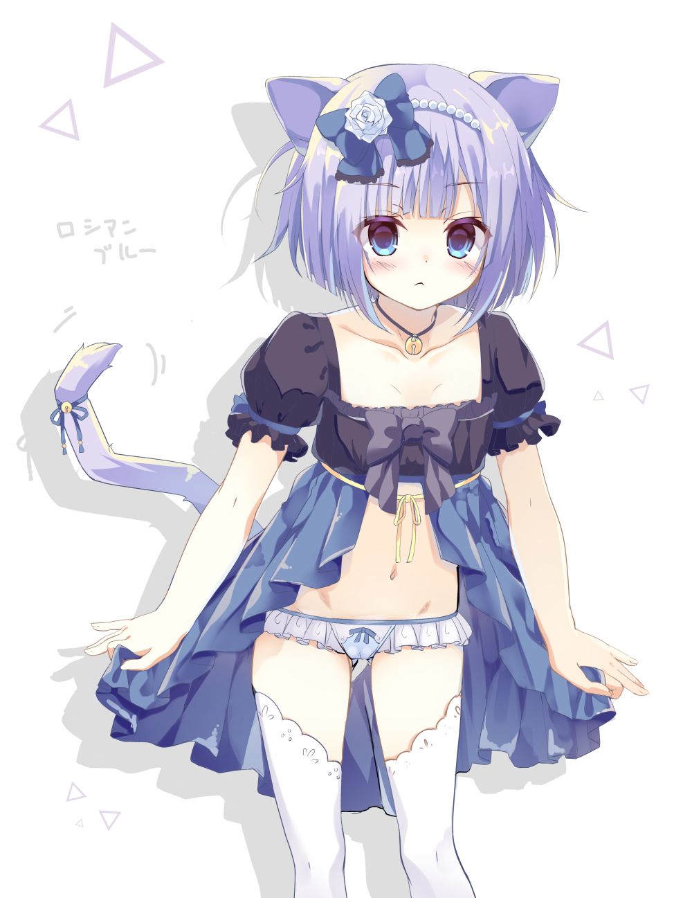 1girl :&lt; animal_ears bangs bell black_bow blue_bow blue_dress blue_eyes blue_flower blue_panties blue_rose blunt_bangs blush bob_cut bow bow_dress breasts cat_ears cat_tail cleavage closed_mouth collarbone commentary_request dot_nose dress dress_bow expressionless eyebrows_visible_through_hair eyes_visible_through_hair flower frilled_panties frilled_sleeves frills gluteal_fold groin hairband highres jewelry jingle_bell kinokomushi lace lace-trimmed_bow lace-trimmed_thighhighs lavender_hair leaning_forward looking_at_viewer lowleg lowleg_panties midriff motion_lines navel necklace panties pearl puffy_short_sleeves puffy_sleeves raised_eyebrows ribbon rose short_hair short_sleeves silhouette simple_background skirt_hold small_breasts solo standing stomach tail tail_bell tail_ribbon thigh-highs thigh_gap translation_request triangle underwear white_background white_legwear yellow_ribbon