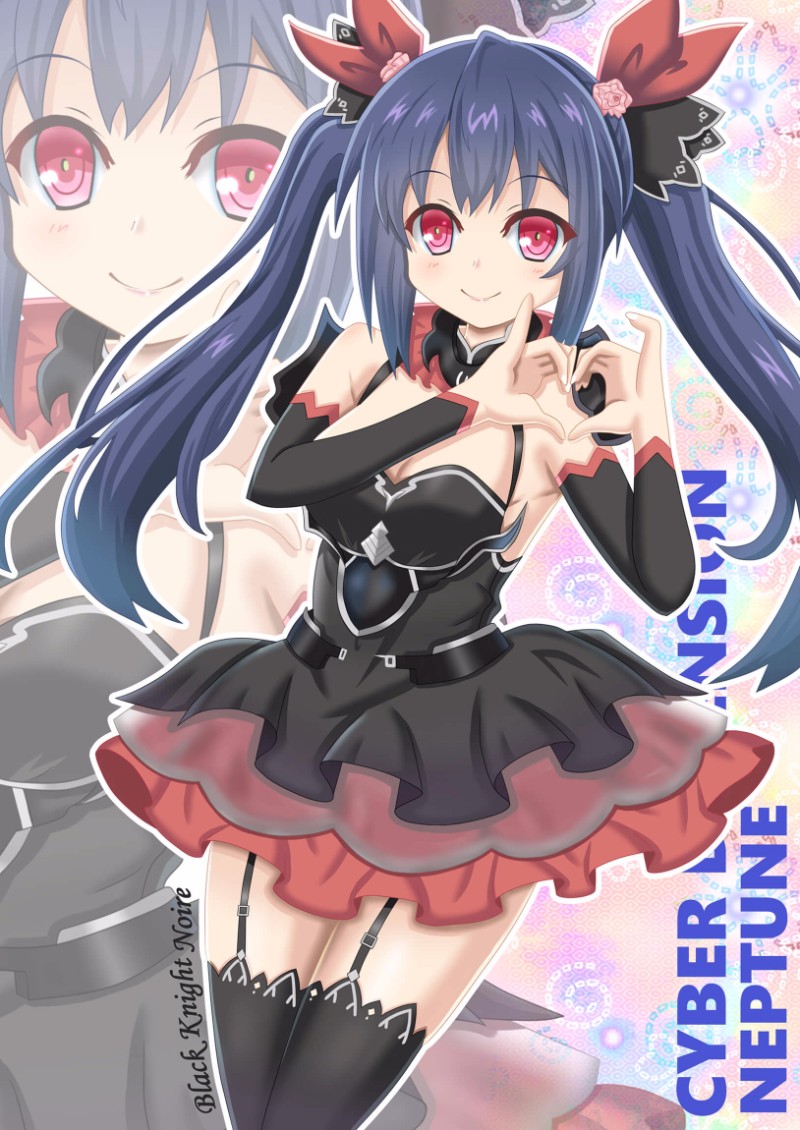 1girl bare_shoulders black_hair blush breasts four_goddesses_online:_cyber_dimension_neptune heart long_hair looking_at_viewer neptune_(series) noire red_eyes ribbon smile solo twintails