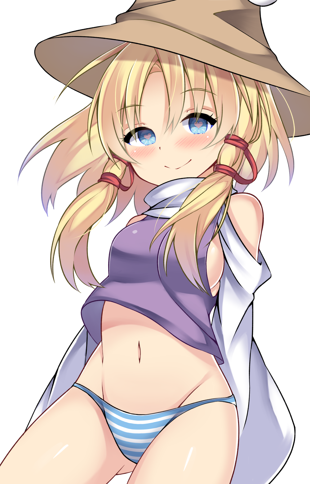 1girl amashi_(qcmrq906) arms_behind_back blonde_hair blue_eyes blue_panties blush breasts brown_hat closed_mouth commentary_request cowboy_shot detached_sleeves gluteal_fold hair_ribbon hat heart heart-shaped_pupils highres long_hair looking_at_viewer medium_breasts moriya_suwako navel panties red_ribbon ribbon sideboob simple_background smile solo striped striped_panties symbol-shaped_pupils touhou tress_ribbon turtleneck underwear vest white_background