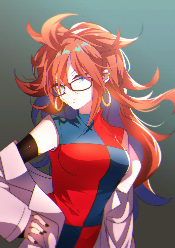 1girl android_21 arm_warmers bare_shoulders big_hair black-framed_eyewear black_nails blue_eyes breasts brown_hair coat curly_hair detached_sleeves dragon_ball dragon_ball_fighterz dress earrings fromchawen glasses hoop_earrings jewelry labcoat long_hair looking_at_viewer medium_breasts multicolored_clothes multicolored_dress nail_polish redhead solo