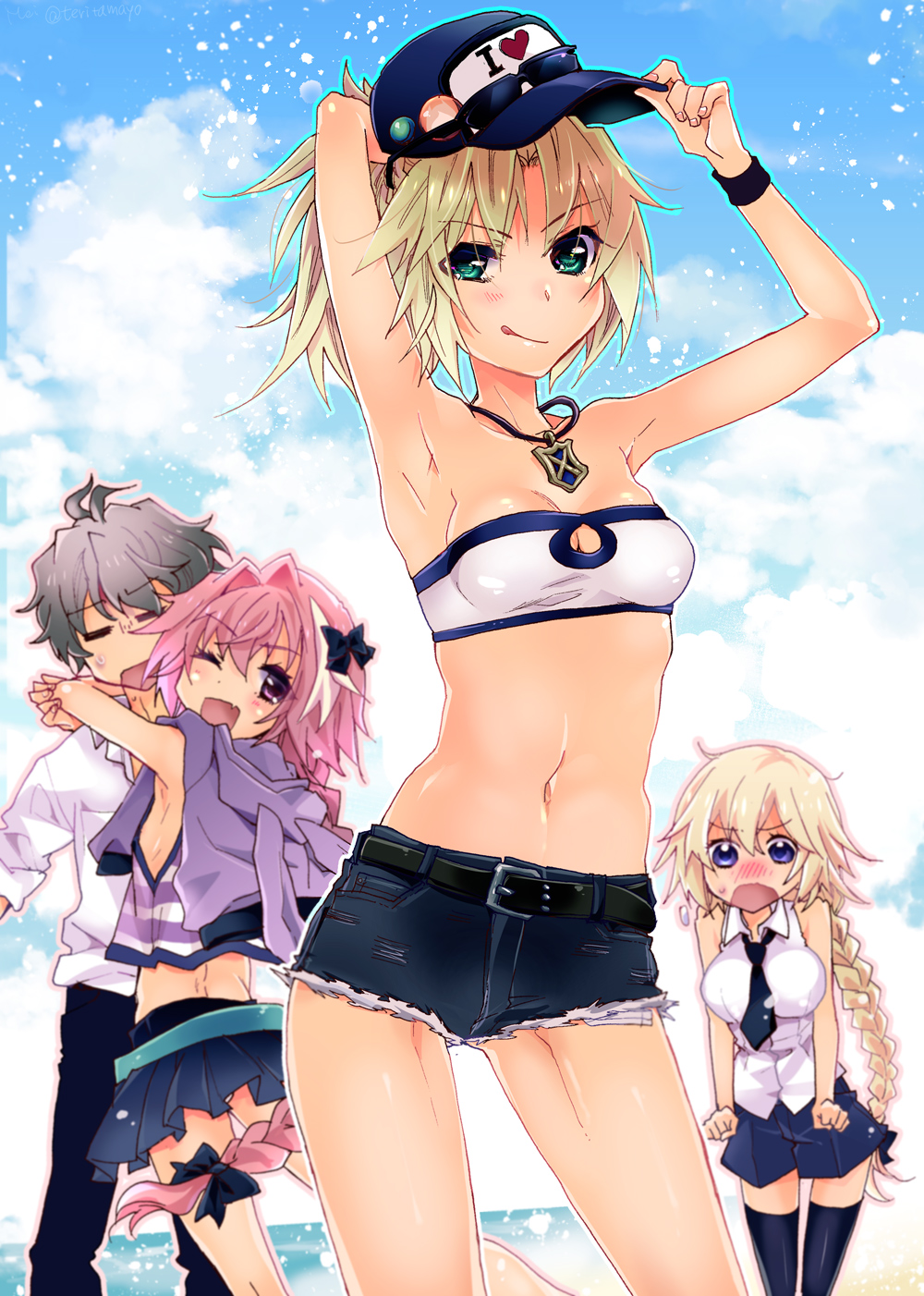 2boys 2girls :q ;d androgynous armpits arms_up belt black_bow black_legwear black_neckwear black_pants black_ribbon black_shorts blonde_hair blue_eyes blue_hat blue_skirt blush bow bra braid breasts cleavage cleavage_cutout closed_eyes clouds cloudy_sky collarbone crossdressinging day denim denim_shorts eyebrows_visible_through_hair fate/apocrypha fate_(series) floating_hair green_eyes grey_hair hair_between_eyes hair_bow hair_ribbon hat heart highres holding hug jewelry leaning_forward long_hair looking_at_viewer medium_breasts mei_(abliss) midriff miniskirt multiple_boys multiple_girls navel necklace necktie one_eye_closed open_mouth outdoors pants pleated_skirt ponytail ribbon rider_of_black ruler_(fate/apocrypha) saber_of_red shiny shiny_clothes shirt short_shorts shorts single_braid skirt sky sleeveless sleeveless_shirt smile standing stomach strapless strapless_bra striped striped_shirt thigh-highs tongue tongue_out trap underwear violet_eyes white_bra white_shirt wrist_cuffs zettai_ryouiki