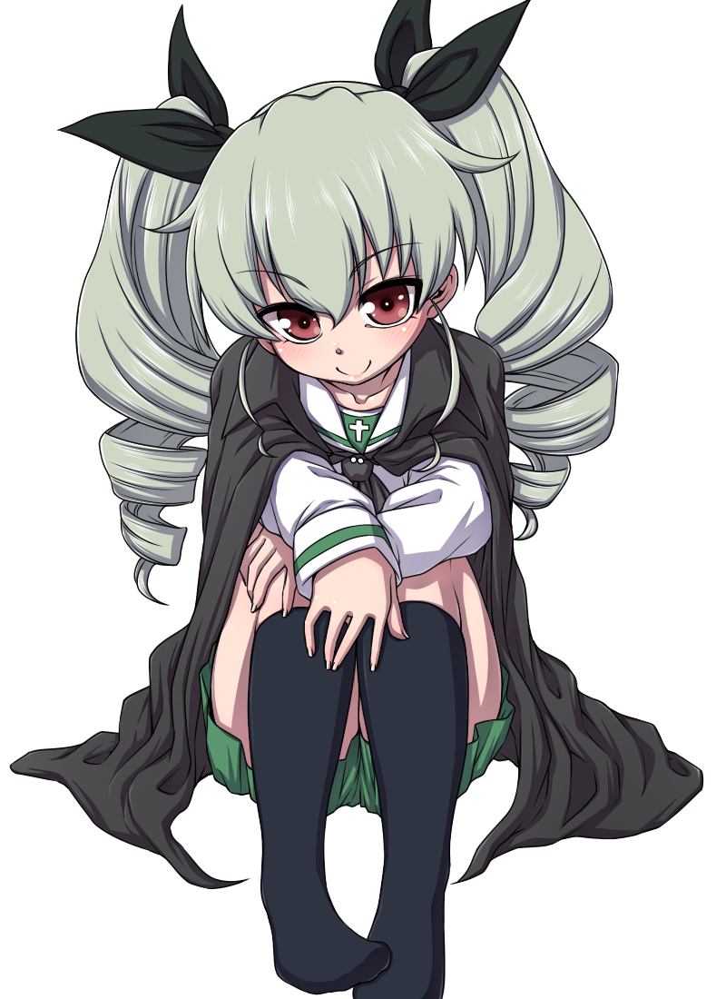 1girl alternate_costume anchovy bangs black_legwear black_neckwear black_ribbon blouse capelet closed_mouth drill_hair full_body girls_und_panzer green_hair green_skirt hair_ribbon hanya_(hanya_yashiki) happy_birthday kneehighs leg_hug long_hair long_sleeves looking_at_viewer miniskirt neckerchief no_shoes ooarai_school_uniform pleated_skirt red_eyes ribbon school_uniform serafuku simple_background skirt smile solo twin_drills twintails white_background white_blouse