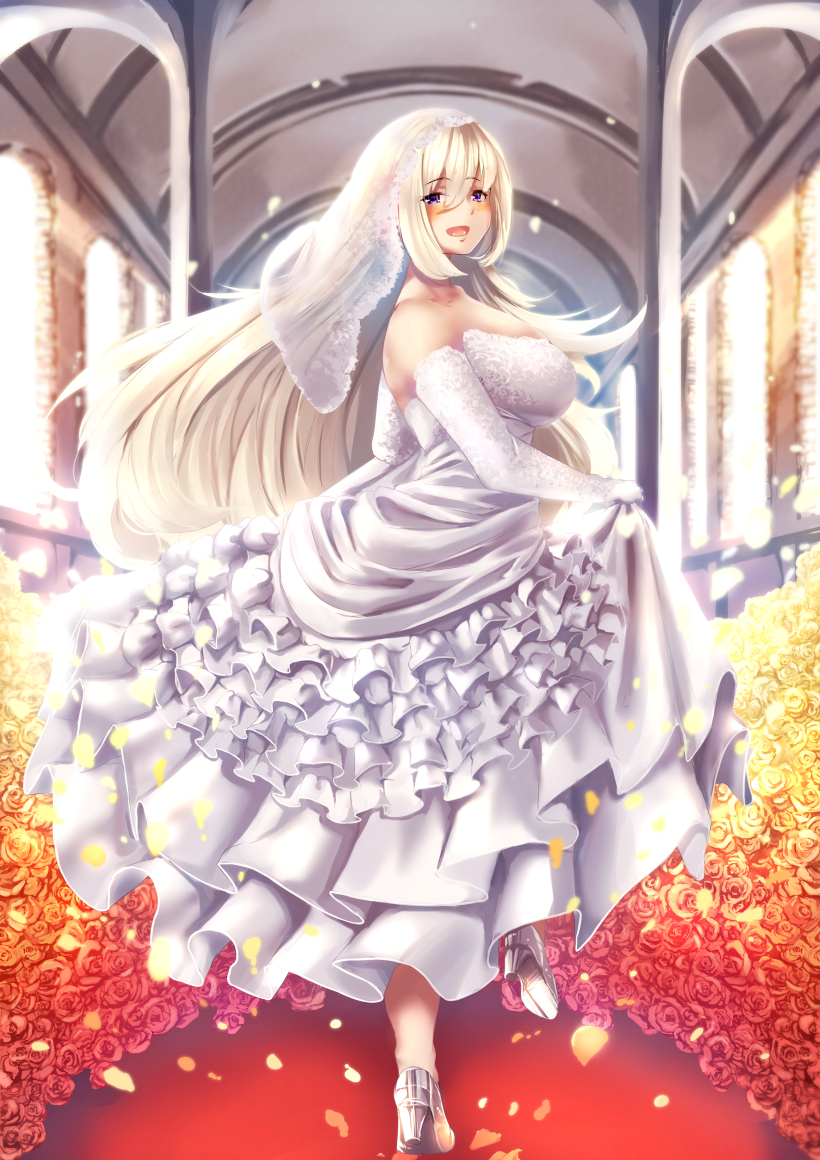 1girl :d arch bare_shoulders blonde_hair blush breasts bridal_gauntlets bridal_veil bride dress flower frilled_dress frills high_heels indoors kuchibue_(tanima_club) large_breasts looking_at_viewer looking_back open_mouth red_carpet silver_shoes skirt_hold smile solo standing twisted_torso veil white_dress