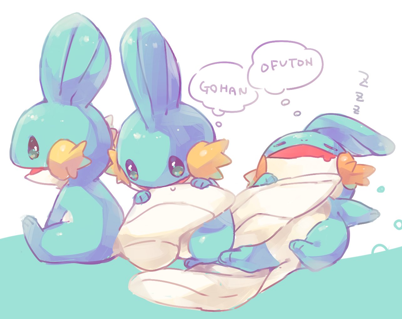 blue_eyes closed_eyes commentary_request drooling hideko_(l33l3b) holding looking_at_viewer looking_down looking_to_the_side lying mudkip no_humans on_back open_mouth pokemon pokemon_(creature) romaji sitting sleeping thought_bubble towel two-tone_background