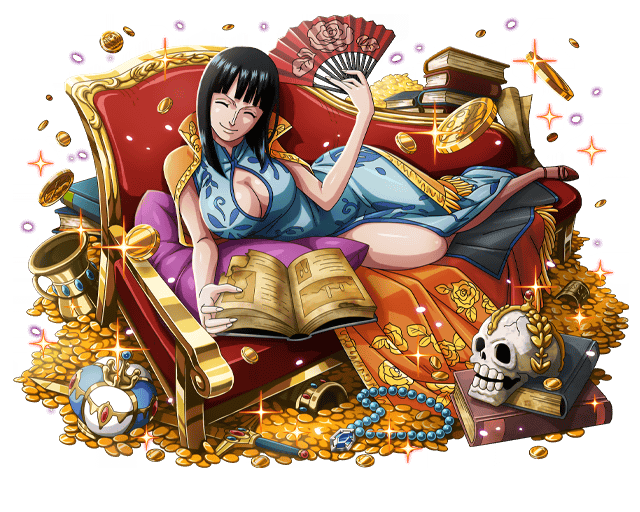black_hair blue_dress bodskih book breasts china_dress chinese_clothes cleavage cleavage_cutout closed_eyes coin couch dress fan head_tilt hips holding holding_fan large large_breasts long_hair lying nico_robin on_side one_piece open_book shiny shiny_skin skull sleeveless sleeveless_dress smile sparkle thick_thighs thighs transparent_background